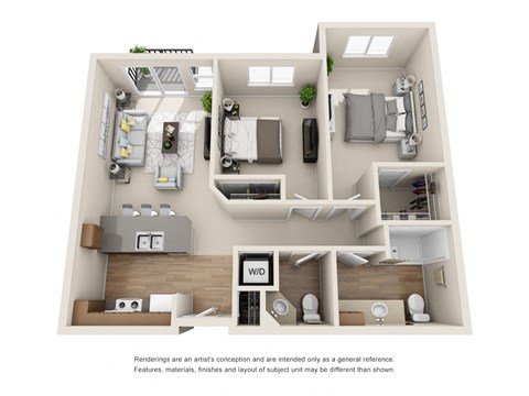 Floor plan for 2 beds, 1.5 baths, 849 sqft